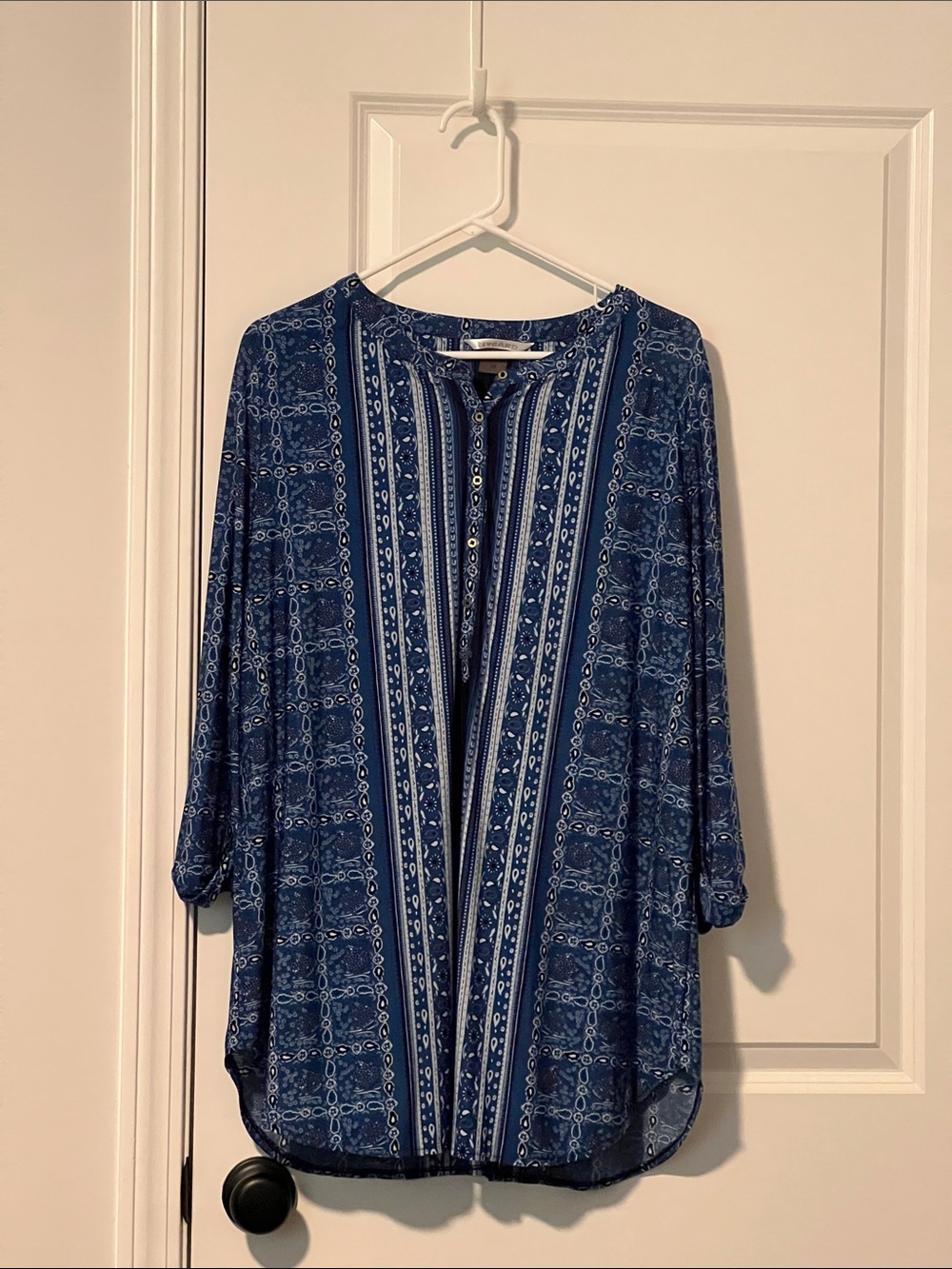 Relaxed Blue Printed Button-Front Tunic